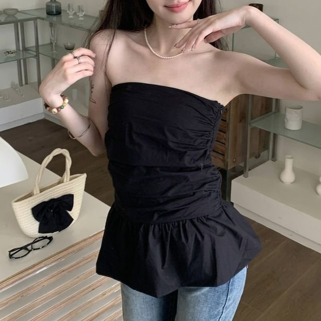 KUMI-Plain Ruched Peplum Tube Top