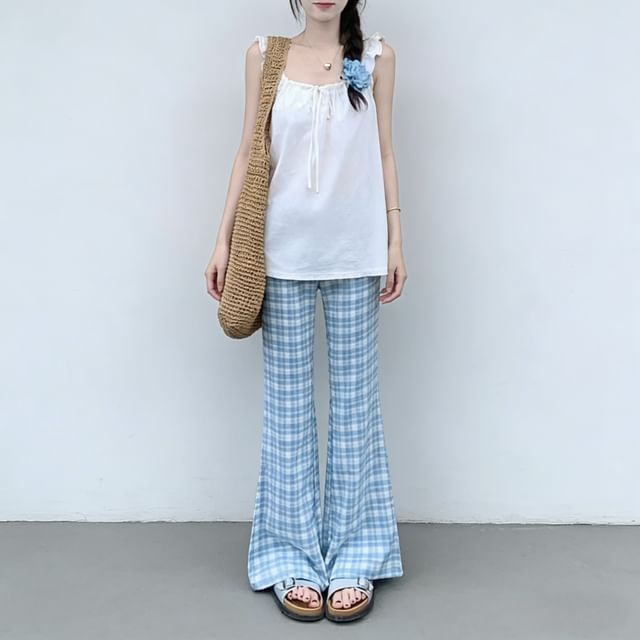 KUMI-Plain Ruffle Drawstring Camisole Top High Waist Plaid Flared Pants