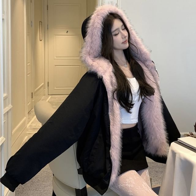 KUMI-Plain Two-Way Fluffy Zip Oversized Hoodie