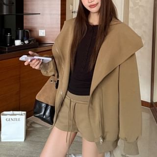 KUMI-Plain Zip Hoodie Drawstring Waist Shorts
