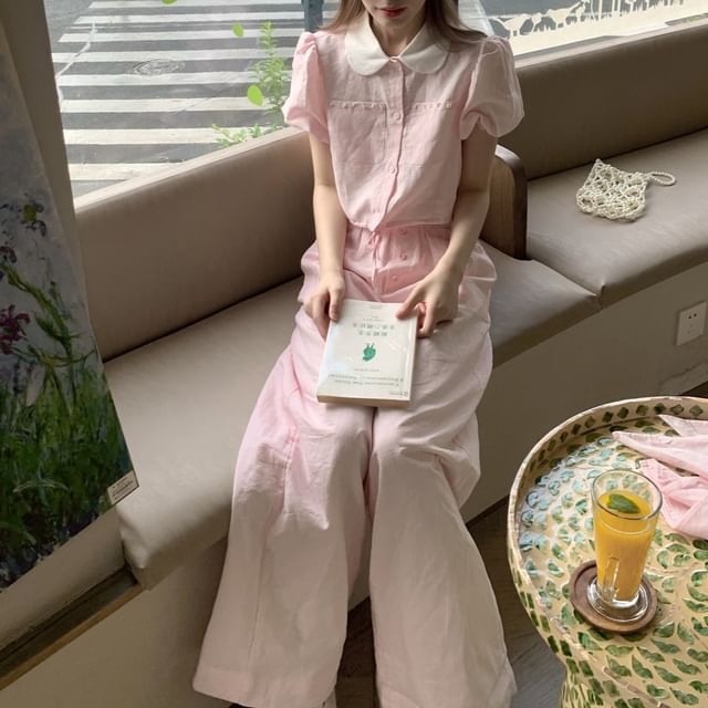 KUMI-Puff Sleeve Contrast Collar Beaded Drawstring Crop Blouse High Rise Panel Lace Wide Leg Pants