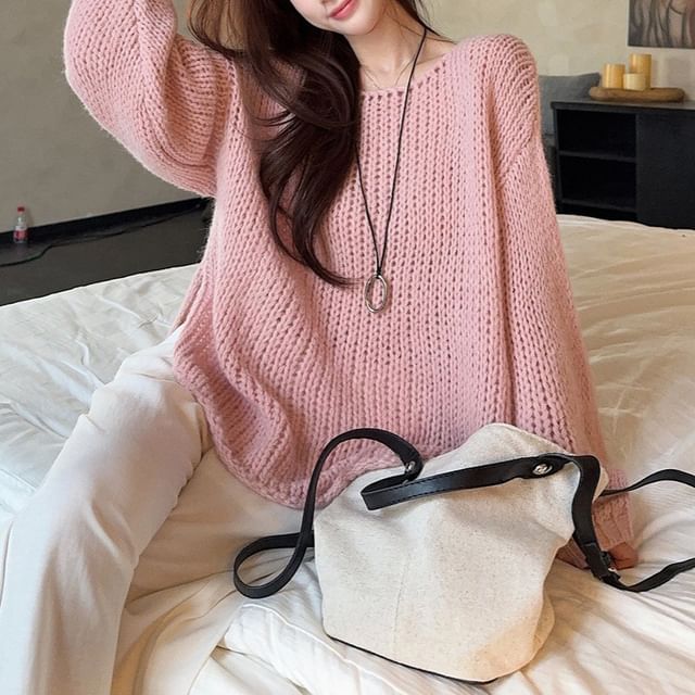 KUMI-Puff-Sleeve Crew Neck Plain Slit Sweater