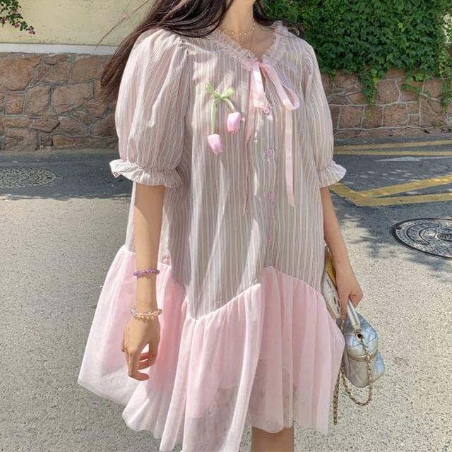 KUMI-Puff-Sleeve Crew Neck Striped Mesh Panel Half-Buttoned A-Line Dress