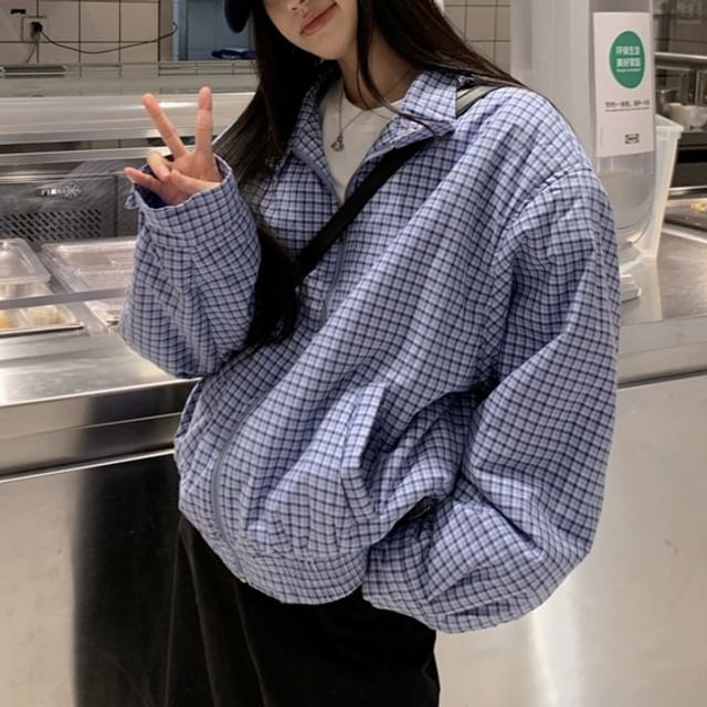 KUMI-Puff-Sleeve Plaid Zip Jacket