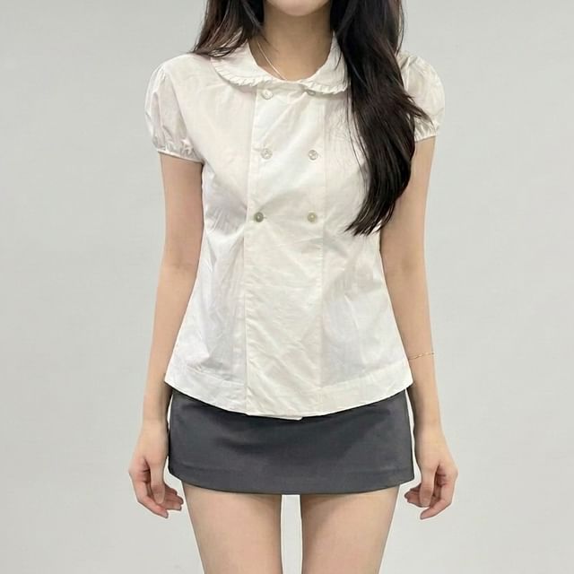 KUMI-Puff-Sleeve Plain Double-Breasted Shirt