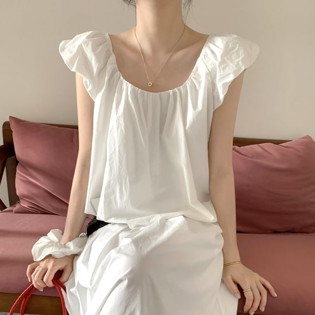 KUMI-Puff-Sleeve Plain Shirred Blouse
