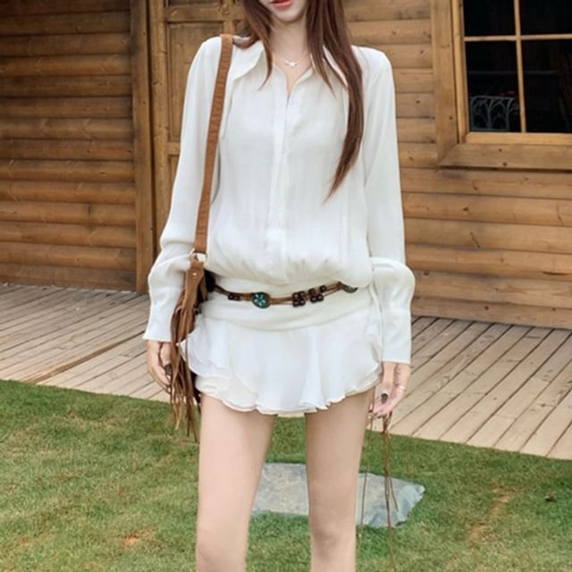 KUMI-Puff-Sleeve Plain Shirred Blouse