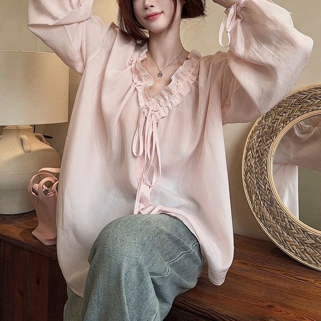 KUMI-Puff-Sleeve V-Neck Plain Ruffle Blouse