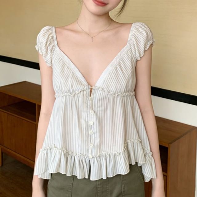 KUMI-Puff-Sleeve V-Neck Striped Ruffle Hem Button-Up Blouse