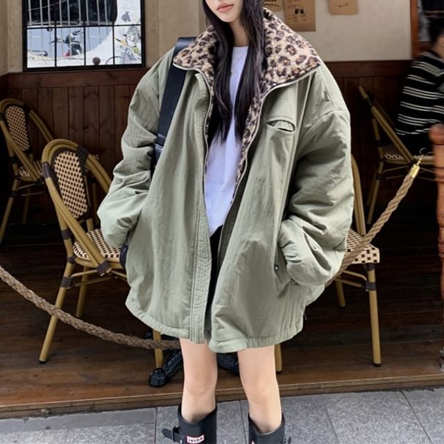 KUMI-Reversible Stand Collar Leopard Print Fleece-Lined Zip-Up Jacket