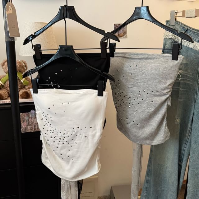KUMI-Rhinestone Lace Panel Padded Tube Top