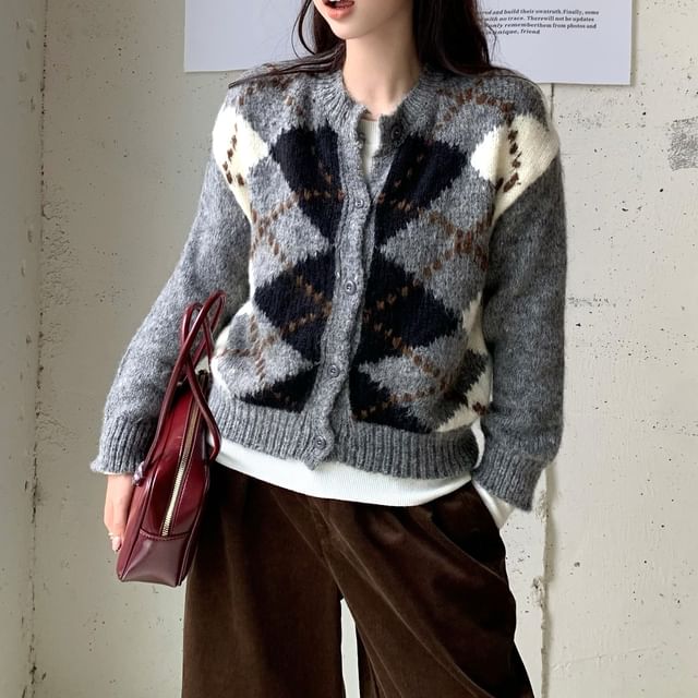KUMI-Round Neck Argyle Cardigan