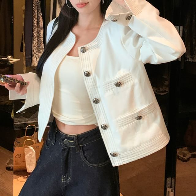KUMI-Round Neck Contrast Stitch Button Jacket