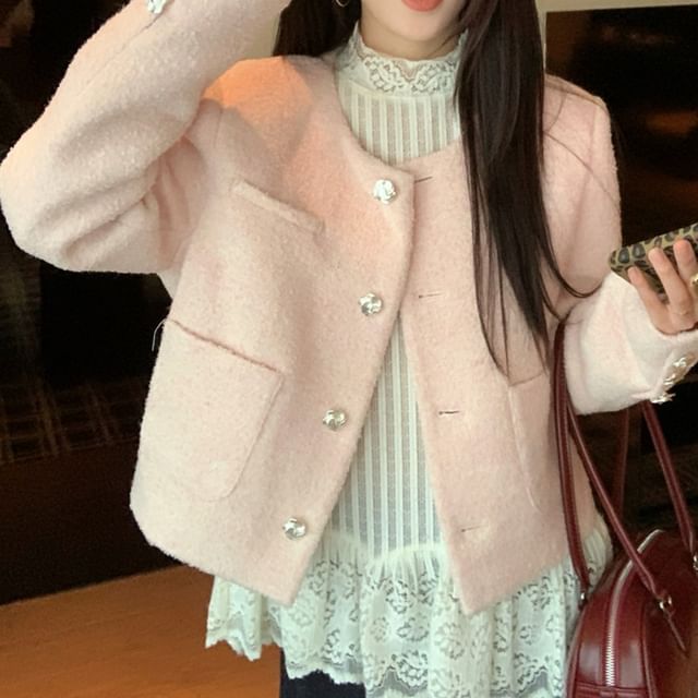 KUMI-Round Neck Plain Button Jacket Long Sleeve Stand Collar Plain Panel Lace Top