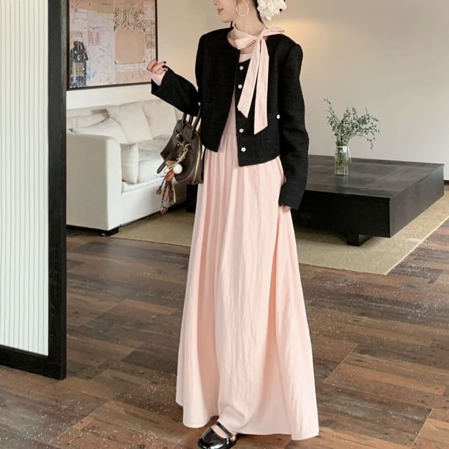 KUMI-Round Neck Plain Button Jacket Long-Sleeve Tie-Neck Maxi A-Line Dress