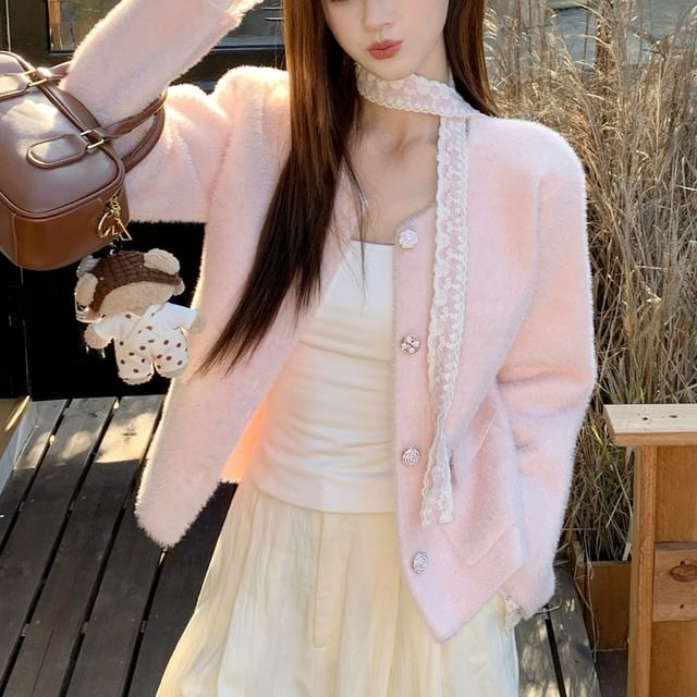 KUMI-Round Neck Plain Button Up Cardigan