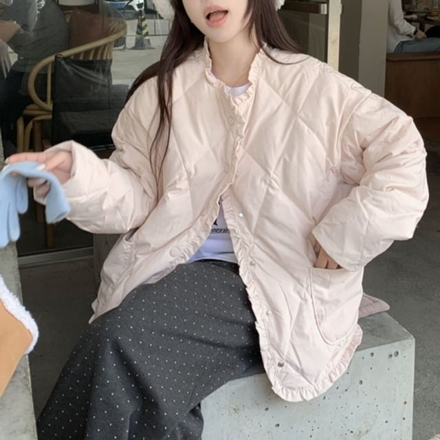 KUMI-Round Neck Plain Button Up Jacket