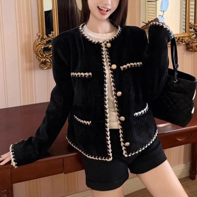 KUMI-Round Neck Plain Contrast Trim Single-Breasted Jacket