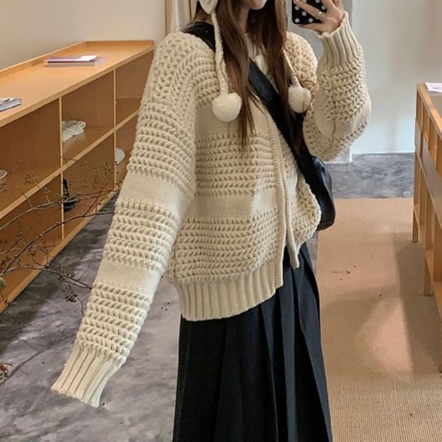 KUMI-Round Neck Plain Pointelle Zip Cardigan