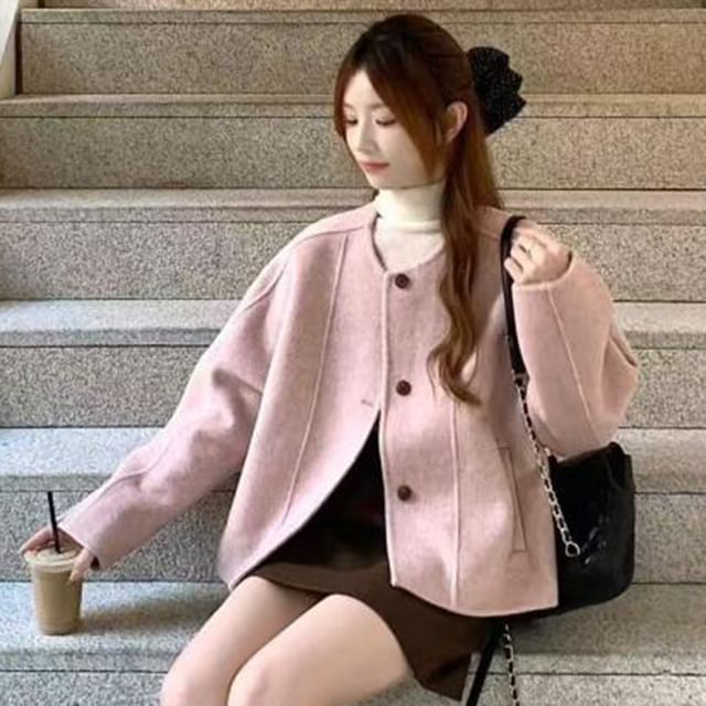 KUMI-Round Neck Plain Single-Breasted Jacket High Waist Mini A-Line Skirt