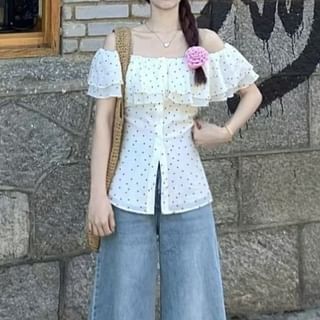 KUMI-Ruffle Sleeve Off-Shoulder Polka Dot Button-Up Blouse