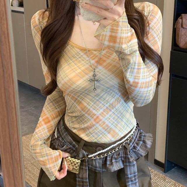 KUMI-Scoop Neck Plaid Top Various Designs