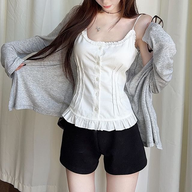 KUMI-Scoop Neck Plain Ruffle Camisole Top Light Jacket