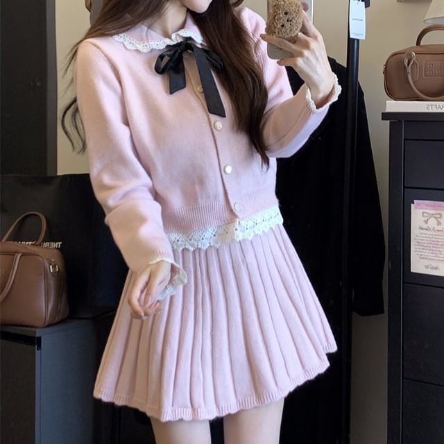 KUMI-Set Collared Button-Up Cardigan Mini Pleated Skirt