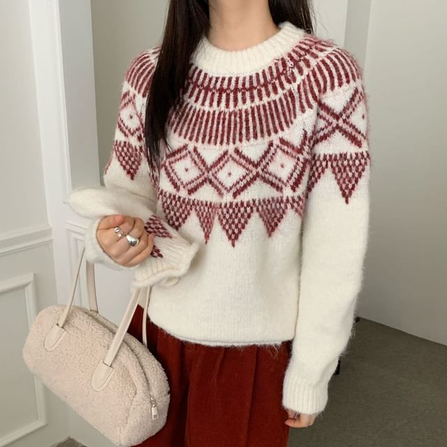 KUMI-Set Crew Neck Jacquard Sweater Beanie