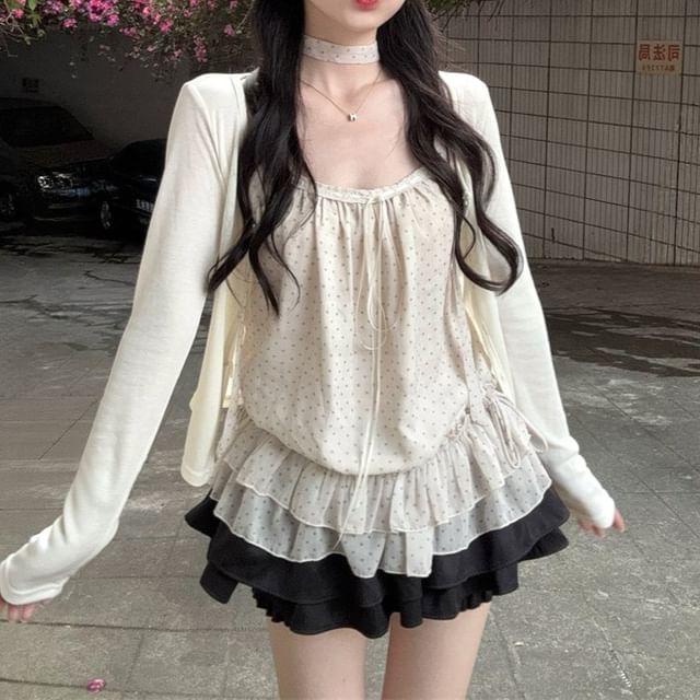 KUMI-Set Dotted Ruffled Drawstring Camisole Top Plain Cardigan