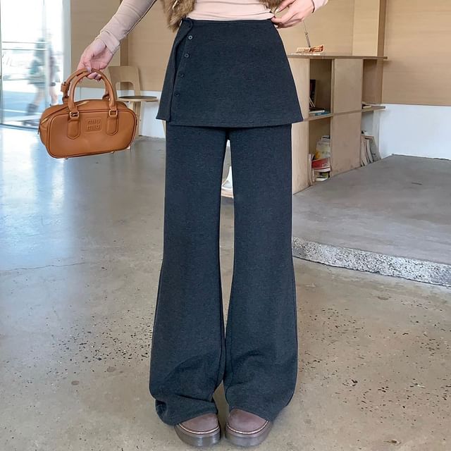 KUMI-Set High Rise Plain Flared Pants Button-Up Mini A-Line Skirt