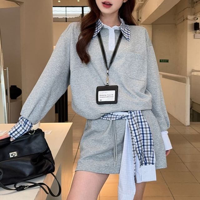 KUMI-Set Mock Two-Piece Collared Plaid Panel Pullover Drawstring Waist Plain Mini A-Line Skirt Belt