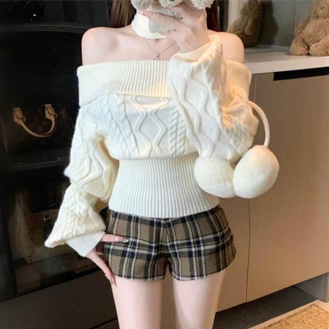 KUMI-Set Off Shoulder Cable Knit Plain Sweater Neck Warmer