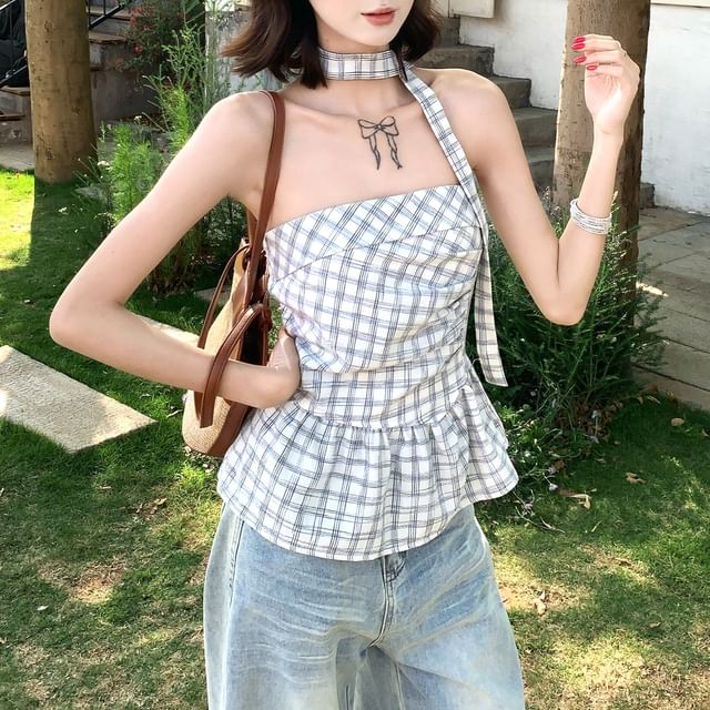 KUMI-Set Plaid Flowy Tube Top Twilly