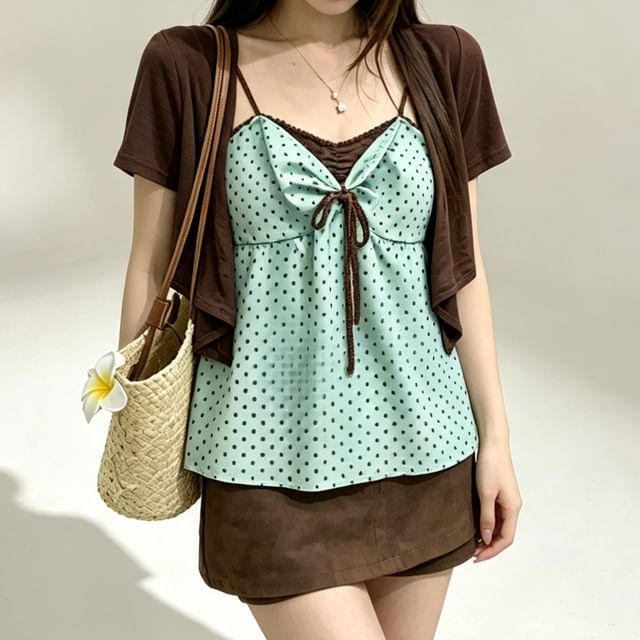 KUMI-Set Polka Dot Drawstring Camisole Top Short-Sleeve Open Front Crop Cardigan