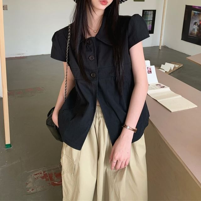 KUMI-Short-Sleeve Collared Button-Up Plain Slit Blouse High Waist A-Line Cargo Skirt