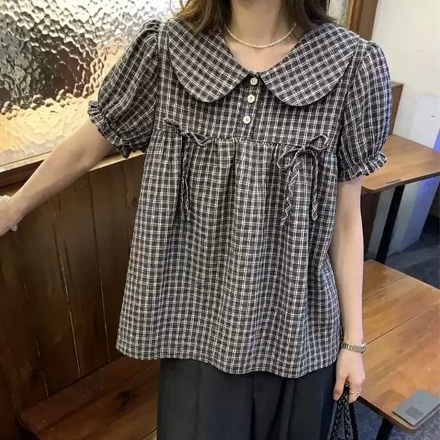 KUMI-Short Sleeve Collared Plaid Bow Blouse