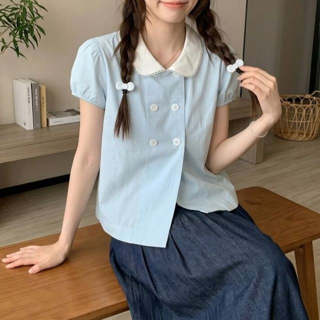 KUMI-Short-Sleeve Collared Plain Double Breasted Blouse
