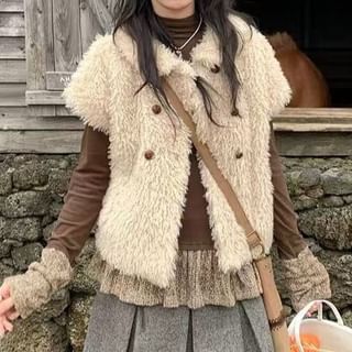 KUMI-Short Sleeve Collared Plain Double Breasted Teddy Jacket