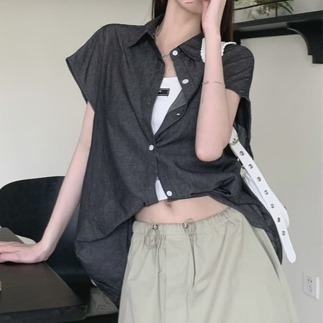 KUMI-Short Sleeve Collared Plain Shirt