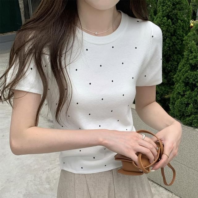 KUMI-Short-Sleeve Crew Neck Dotted Knit Top
