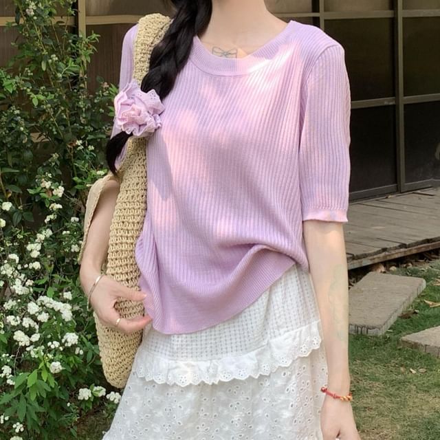 KUMI-Short-Sleeve Crew Neck Plain Ribbed Knit Top