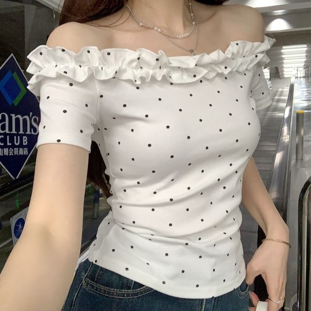 KUMI-Short-Sleeve Off Shoulder Dotted Ruched Tee