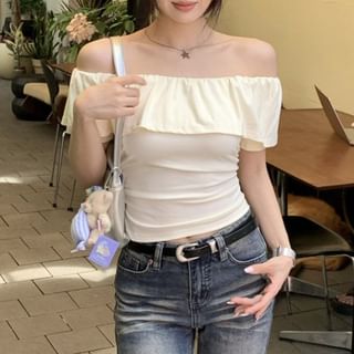 KUMI-Short Sleeve Off Shoulder Plain Ruffle Top