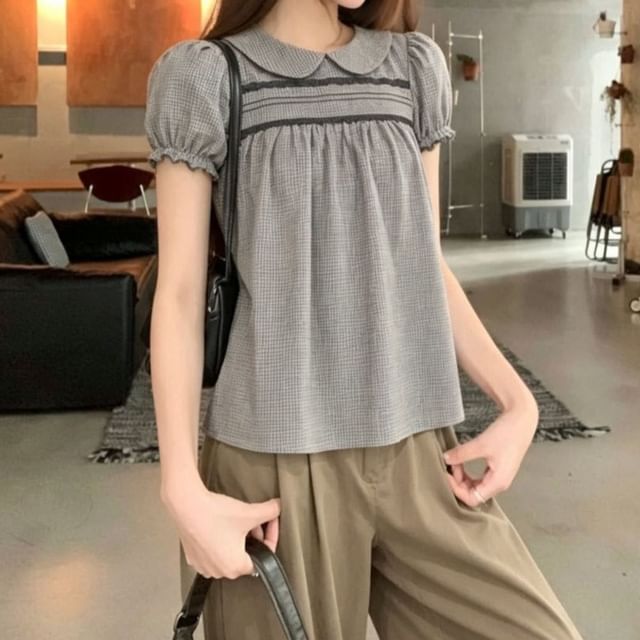 KUMI-Short Sleeve Peter Pan Collar Plaid Panel Blouse