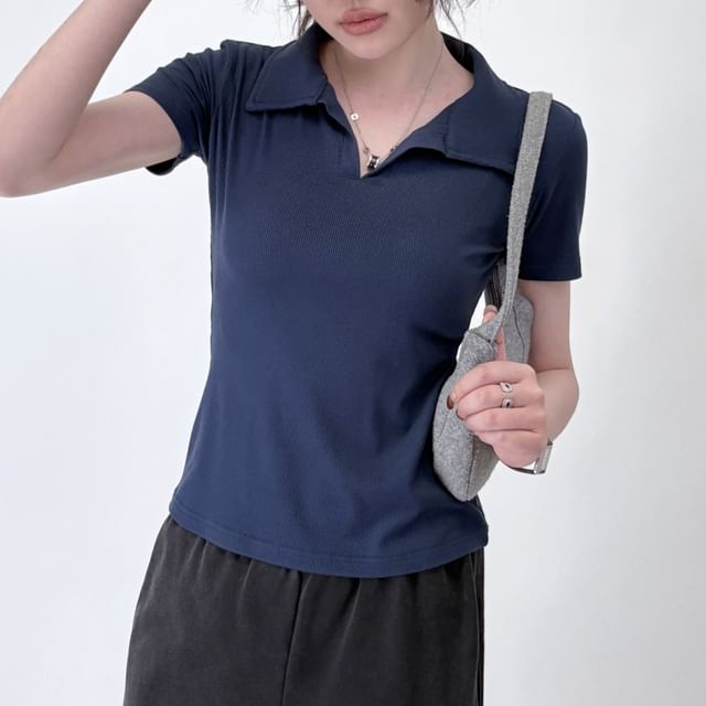 KUMI-Short-Sleeve Plain Crop Polo Top