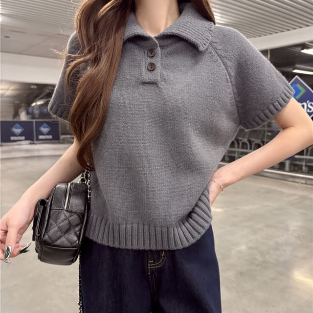 KUMI-Short Sleeve Plain Polo Sweater