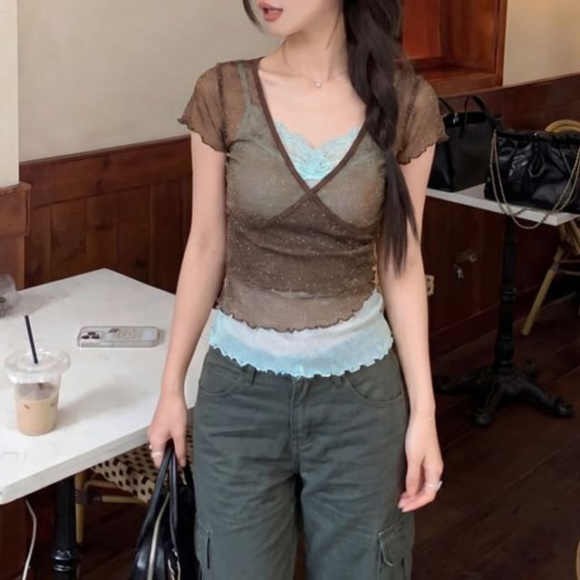 KUMI-Short-Sleeve V-Neck Sheer Plain Crop Top