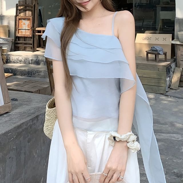 KUMI-Single Short Sleeve Plain Ruffle Sash Top