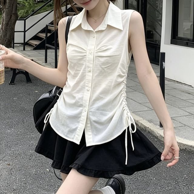 KUMI-Sleeveless Collared Drawstring Ruched Button-Up Plain Blouse